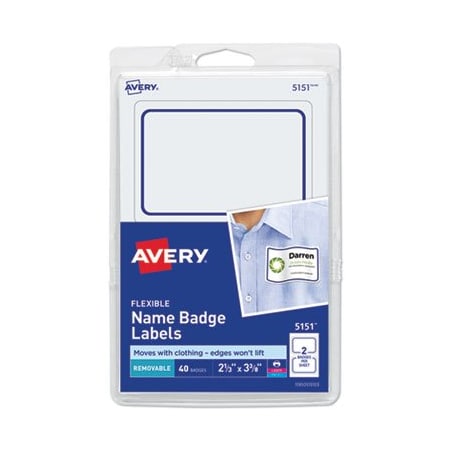 Avery Dennison Avery, FLEXIBLE ADHESIVE NAME BADGE LABELS, 3.38 X 2.33, WHITE/BLUE BORDER, 40PK 5151